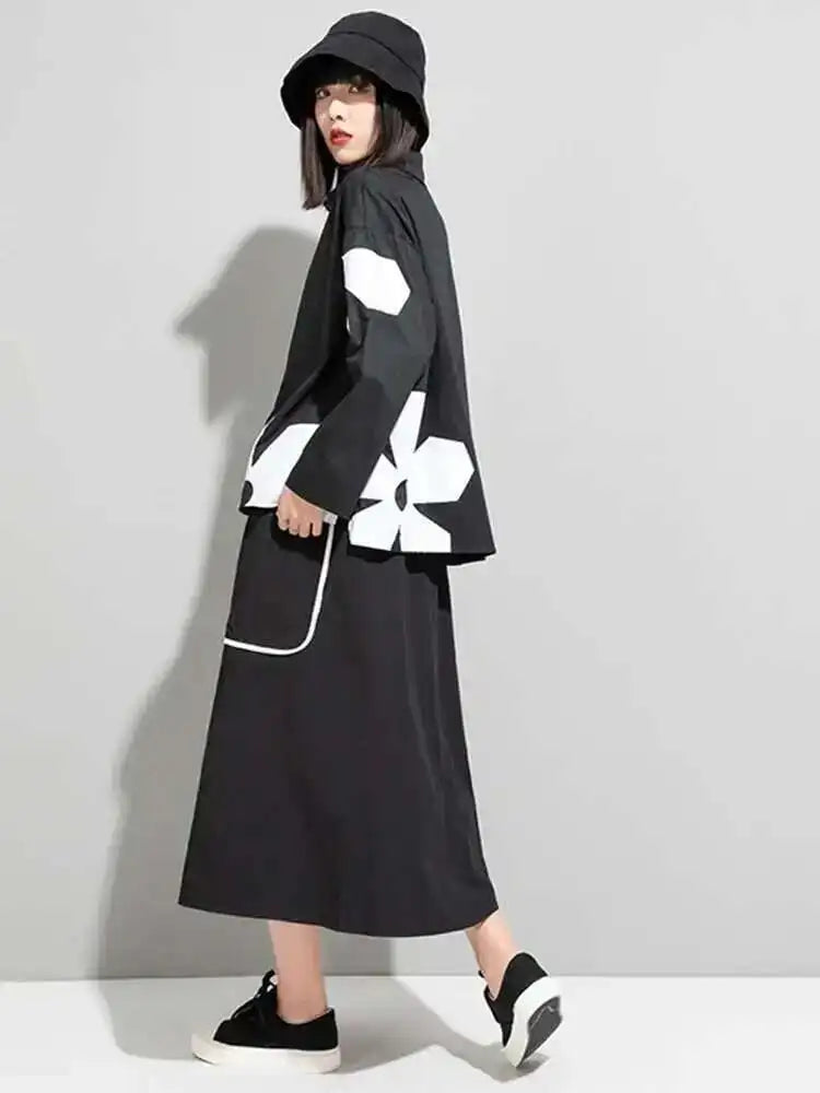 Women Black Flower Pattern Big Size Blouse New Lapel Long Sleeve Loose Fit Shirt Fashion Tide Spring Autumn 2025 1DE6302