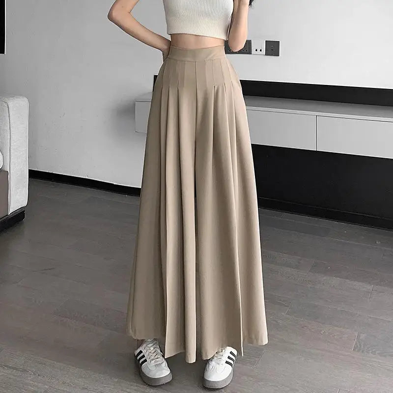 Spring Summer New Korean Women Pink Black Holiday Pleated Trousers Brown High Waist Wide Leg Long Pant Casual Streetwear 