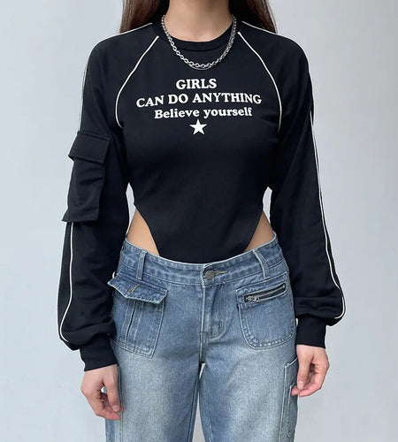 Streetwear Stripe Stitching Cargos Black Autumn Bodysuit Women Tops Fashion Elegant Bodies Pockets One Piece Jumpsuit