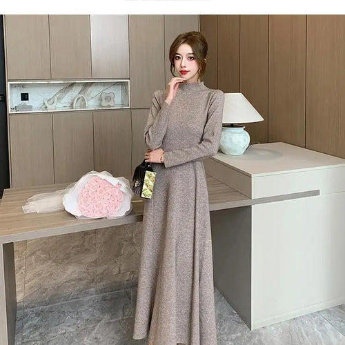 Load image into Gallery viewer, Solid Knitted Sweater Dresses For Women Party Clothing Half Turtleneck Autumn Winter 2023 A-line Warm Long Dress Vintage Casual

