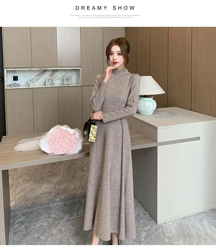 Solid Knitted Sweater Dresses For Women Party Clothing Half Turtleneck Autumn Winter 2023 A-line Warm Long Dress Vintage Casual
