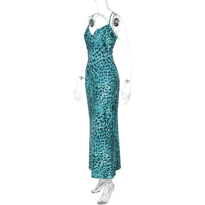 Leopard Print Spaghetti Strap Sexy Maxi Dress For Women Fashion Strapless Sleeveless Backless Printed Long Dress