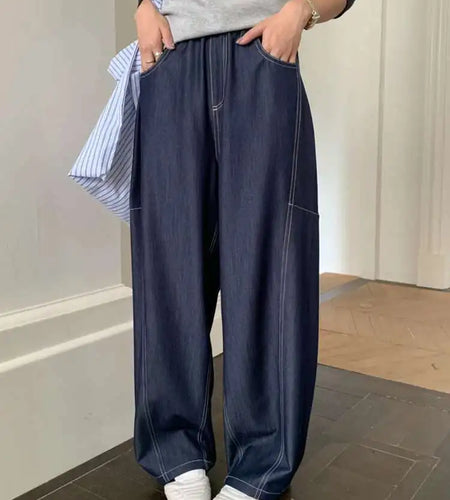 High Elastic Waist Navy Blue Long Casual Denim Wide Leg Pants New Trousers Women Fashion Tide Spring Autumn 2025 1DJ0357