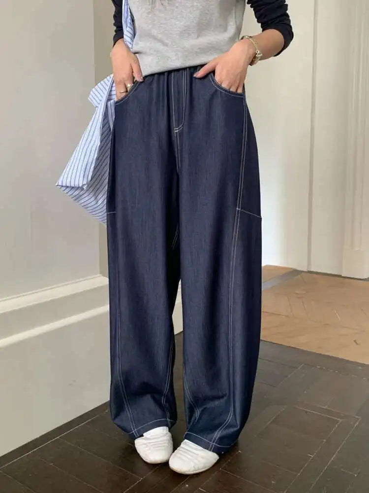 High Elastic Waist Navy Blue Long Casual Denim Wide Leg Pants New Trousers Women Fashion Tide Spring Autumn 2025 1DJ0357