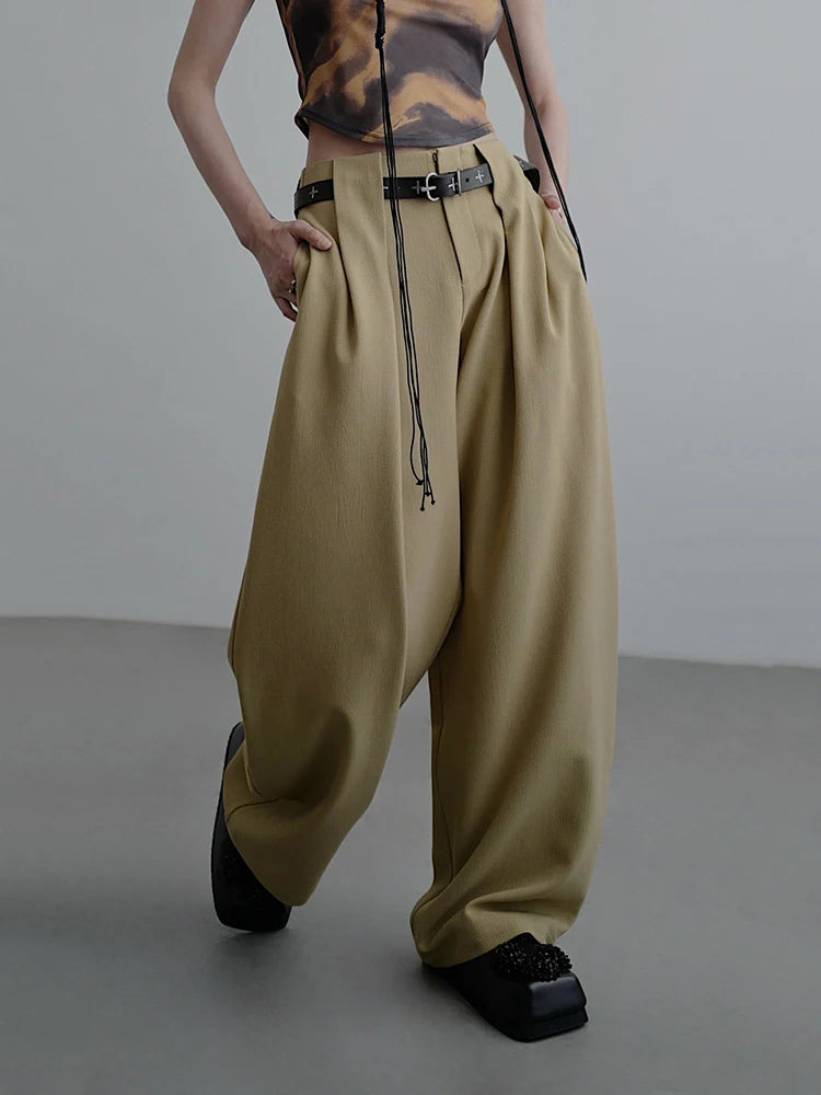 High Waist Khaki Pleated Hollow Out Elegant Long Wide Leg Pants New Trousers Women Fashion Tide Spring Autumn 2025 1DJ0810