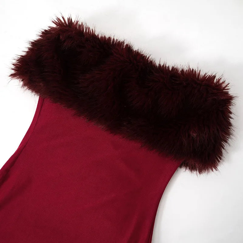 Feather Strapless Backless Sexy Maxi Dress For Women Wine Red Mesh Patchwork Sleeveless Backless Bodycon Club Dress