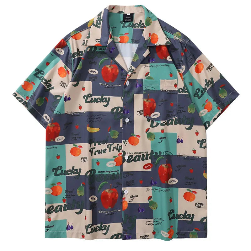 Vintage Summer Shirts Streetwear Retro Fruit Graphic Printed Summer Hawaiian Blouse Harajuku Baggy Short Sleeve Button Up Tops