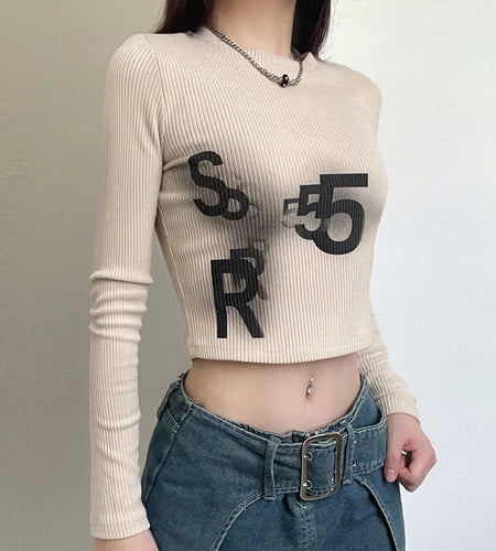 Harajuku Knitted Basic Autumn T-shirts for Women Bodycon Crop Top Japanese Y2K Baby Tee Print Crew Neck Shirts Kawaii