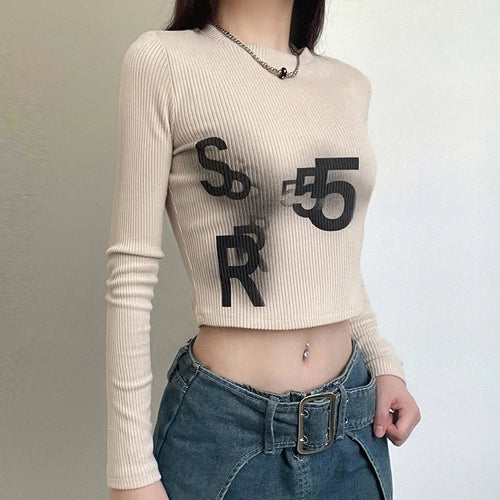 Load image into Gallery viewer, Harajuku Knitted Basic Autumn T-shirts for Women Bodycon Crop Top Japanese Y2K Baby Tee Print Crew Neck Shirts Kawaii

