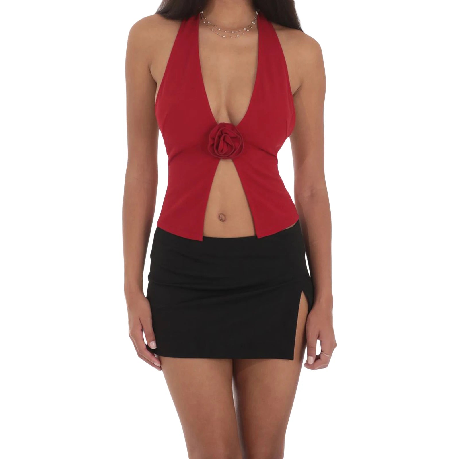 y2k Tank Tops Women Summer Clothes Polka Dot/Solid Color Open Back Slit Hem Halter T Shirts 2000s Clothing Streetwear