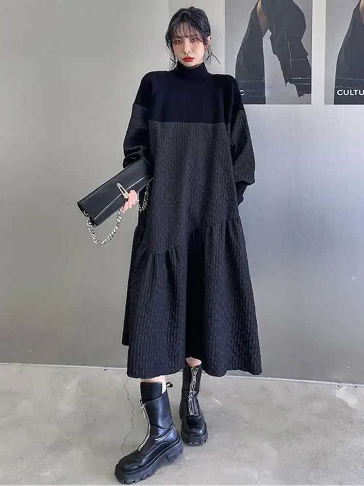 Women Black Knitting Big Size Long Dress New Turtleneck Long Sleeve Loose Fit Fashion Tide Spring Autumn 2025 1DH0797