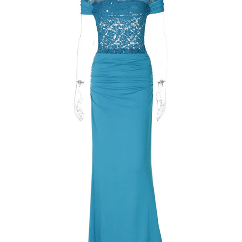 Load image into Gallery viewer, Off-shoulder Strapless Sexy Maxi Dress For Women Elegant Blue Sleeveless Backless Lace Patchwork Bodycon Long Dress

