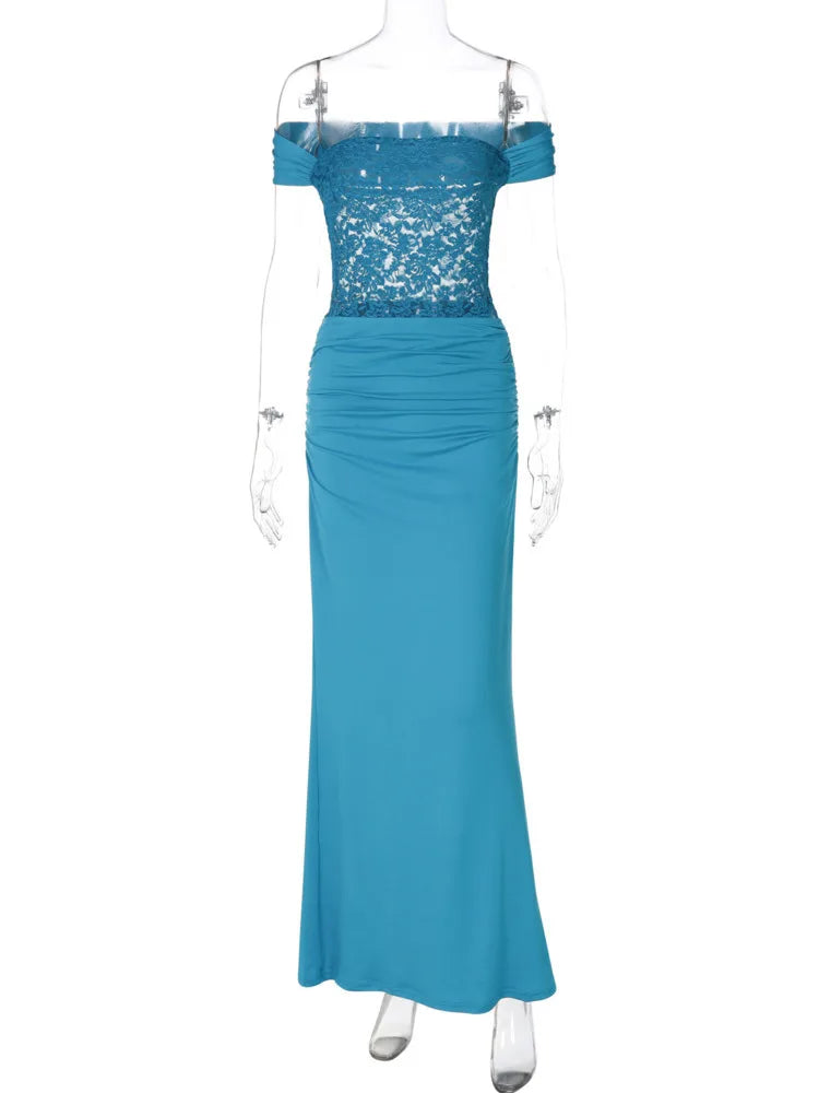 Off-shoulder Strapless Sexy Maxi Dress For Women Elegant Blue Sleeveless Backless Lace Patchwork Bodycon Long Dress