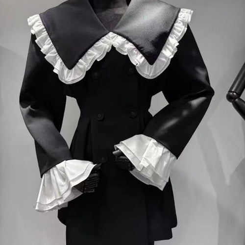 Load image into Gallery viewer, Hit Color Slimming Spliced Double Breasted Jackets for Women Peter Pan Collar Long Sleeves Fashion Jacket Female
