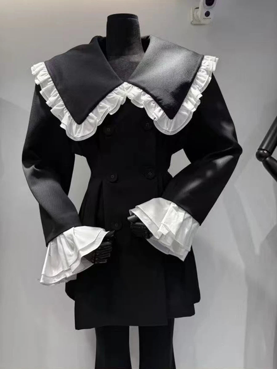 Hit Color Slimming Spliced Double Breasted Jackets for Women Peter Pan Collar Long Sleeves Fashion Jacket Female