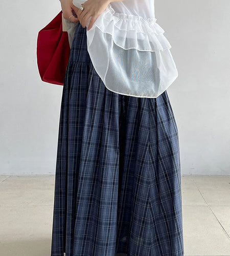 High Elastic Waist Blue Plaid Vintage Long A-line Half-body Skirt Women Fashion Tide New Spring Autumn 2025   1DJ0935