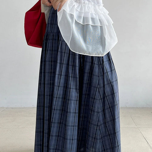 Load image into Gallery viewer, High Elastic Waist Blue Plaid Vintage Long A-line Half-body Skirt Women Fashion Tide New Spring Autumn 2025   1DJ0935
