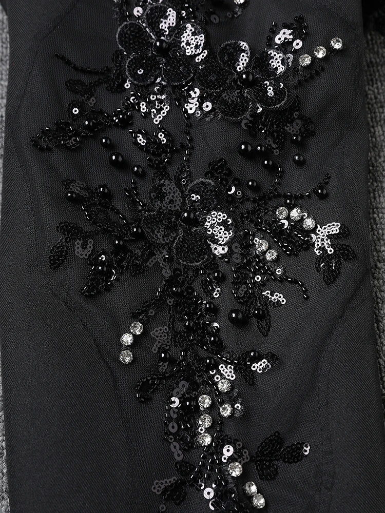 Women Black Sequins Flower Vintage Big Size Blazer New Lapel Long Sleeve Jacket Fashion Tide Spring Autumn 2025 CPG2787