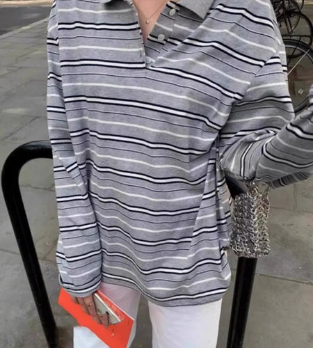 Streetwear T Shirts for Women Turndown Collar Long Sleeve Tees Fashion Korean Camisetas Y2k Tops Casual Vintage Striped Tshirt