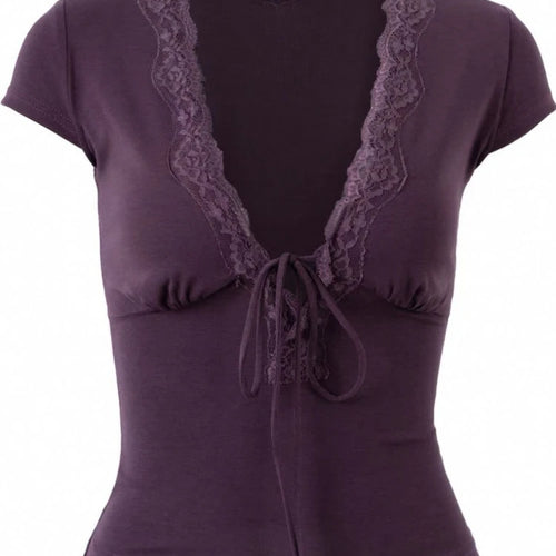 Load image into Gallery viewer, Vintage Summer Lace Patchwork Sexy T-shirt Women Harajuku Fairy Bandage Pleated Tops 2025 Y2k Aesthetic Slim Fit Cropped Tees
