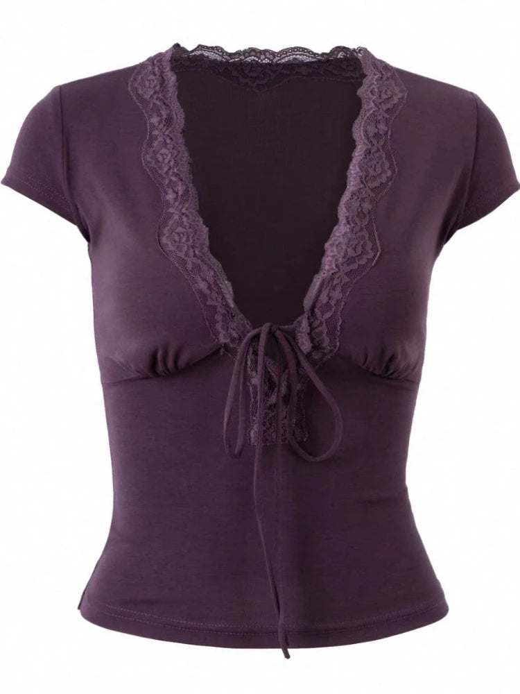 Vintage Summer Lace Patchwork Sexy T-shirt Women Harajuku Fairy Bandage Pleated Tops 2025 Y2k Aesthetic Slim Fit Cropped Tees