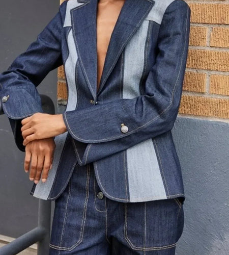 Autumn Winter Women's Denim Coat Contrast Color Split-Joint Deep V-Neck Classic Jean Jacket Outerwear for Female