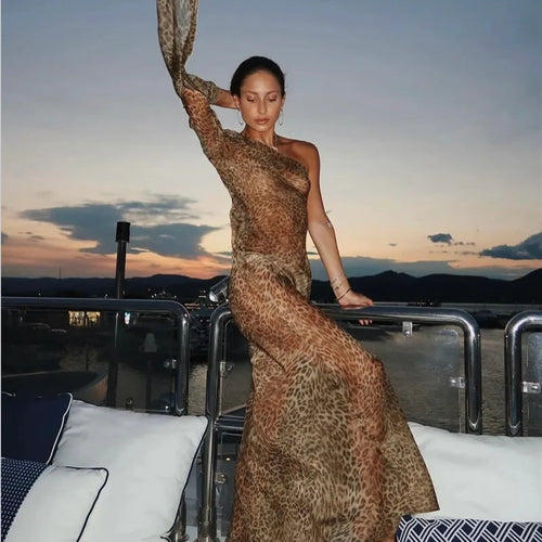 Load image into Gallery viewer, One Shoulder Leopard Print Maxi Dress Women Inclined Shoulder Backless Beach Holiday Vacation Club Sexy Long Dress
