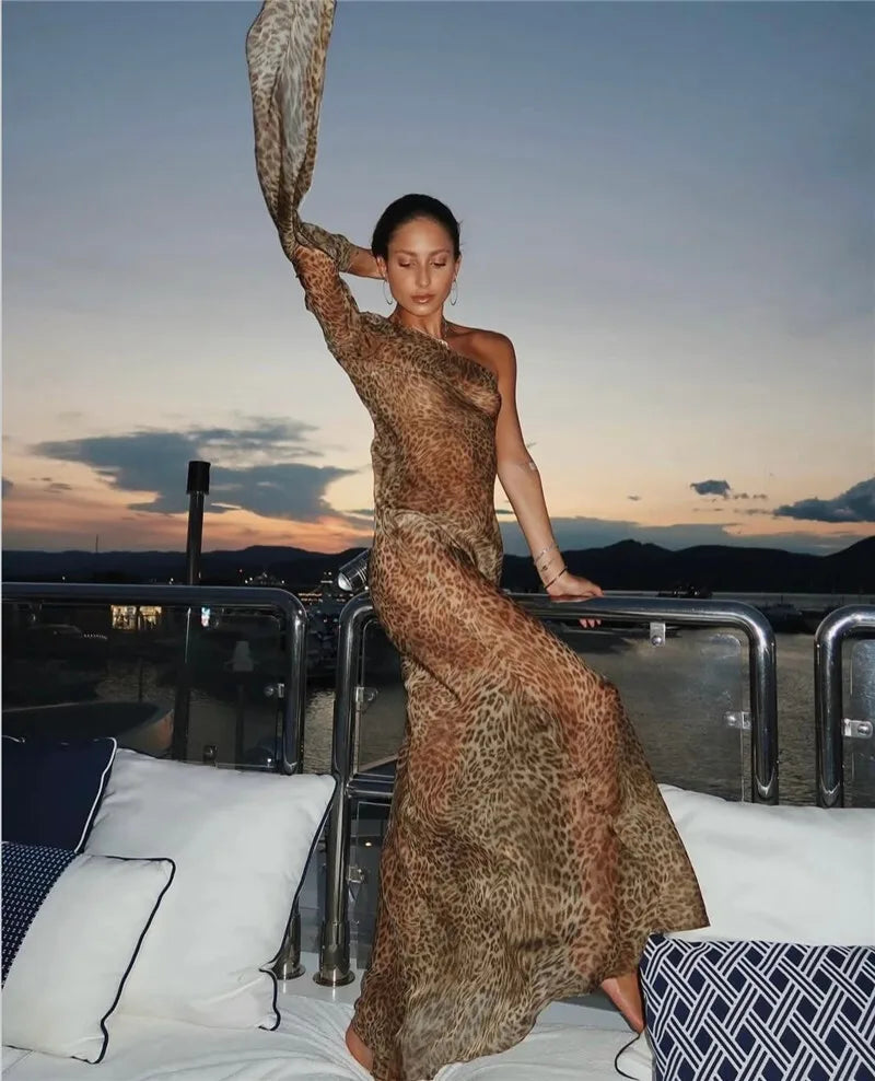 One Shoulder Leopard Print Maxi Dress Women Inclined Shoulder Backless Beach Holiday Vacation Club Sexy Long Dress
