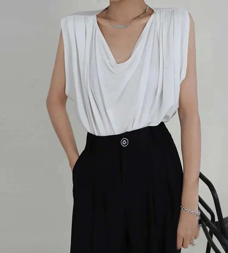 Women White Army Green Pleated Elegant Big Size T-shirt New Round Neck Sleeveless Fashion Tide Spring Summer 2025  1DF5071