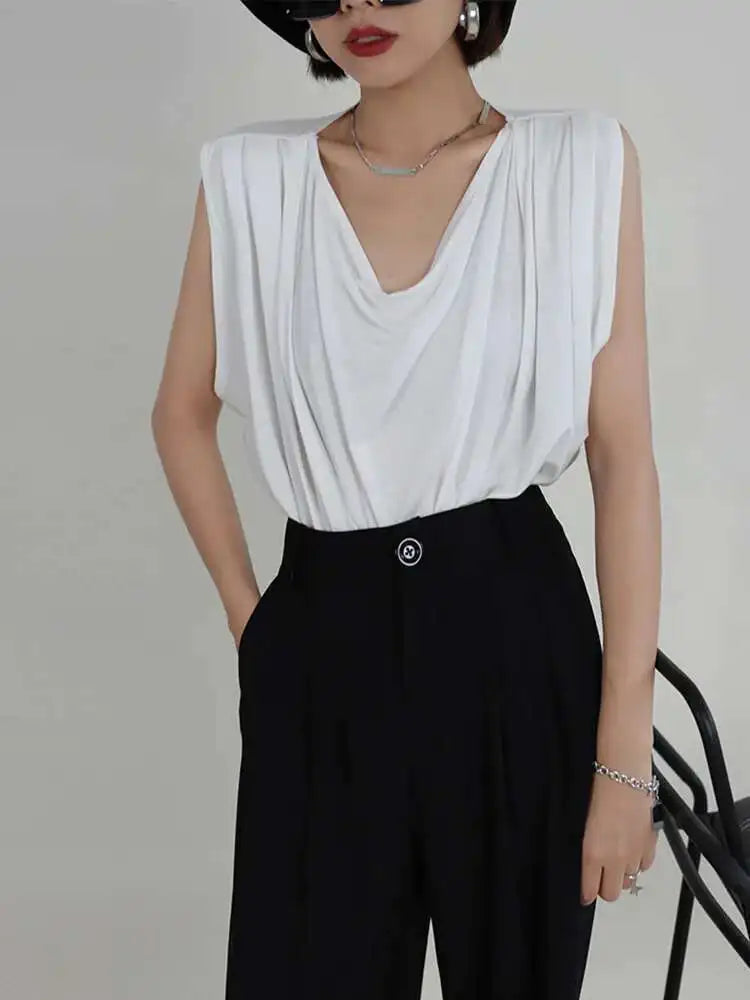 Women White Army Green Pleated Elegant Big Size T-shirt New Round Neck Sleeveless Fashion Tide Spring Summer 2025  1DF5071