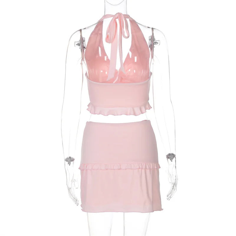Ruffle Sexy Skirt Two Piece Sets Women Halter Lace-up Crop Top And Mini Skirt Female Beach Club Party 2 Piece Set