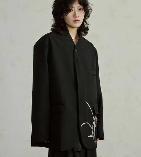 Women Black Embroidery Vintage Big Size Blazer New Stand Collar Long Sleeve Jacket Fashion Tide Spring Autumn 2025 1DH4322