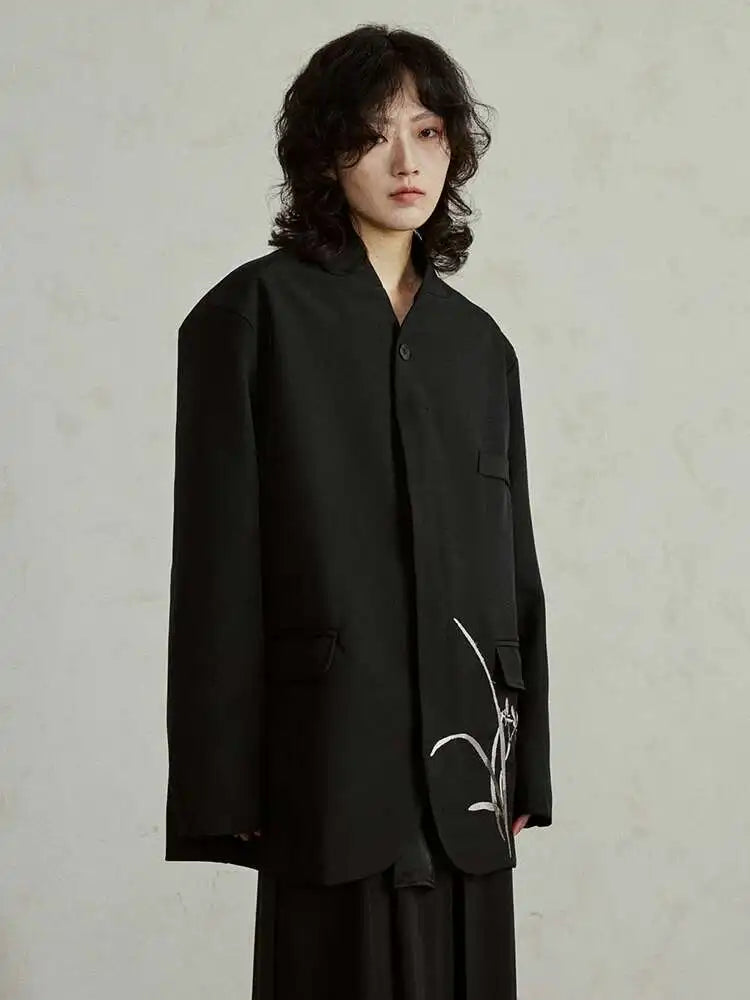 Women Black Embroidery Vintage Big Size Blazer New Stand Collar Long Sleeve Jacket Fashion Tide Spring Autumn 2025 1DH4322