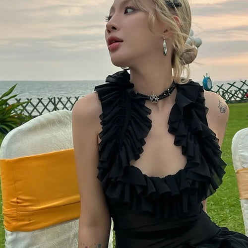 Load image into Gallery viewer, Harajuku Gauze Ruffled U Neck Tees Women Y2k Aesthetic Solid Vintage Sleeveless T-Shirt Streetwear See Through Grunge Slim Tops
