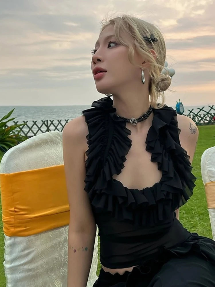 Harajuku Gauze Ruffled U Neck Tees Women Y2k Aesthetic Solid Vintage Sleeveless T-Shirt Streetwear See Through Grunge Slim Tops