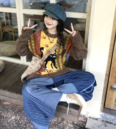 Loose Grunge Cartoon Jacquard Pullovers Y2k Aesthetic Vintage Knitted Sweaters Streetwear Patchwork Harajuku Women's Jumpers