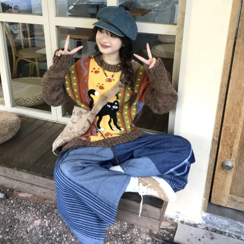 Load image into Gallery viewer, Loose Grunge Cartoon Jacquard Pullovers Y2k Aesthetic Vintage Knitted Sweaters Streetwear Patchwork Harajuku Women's Jumpers
