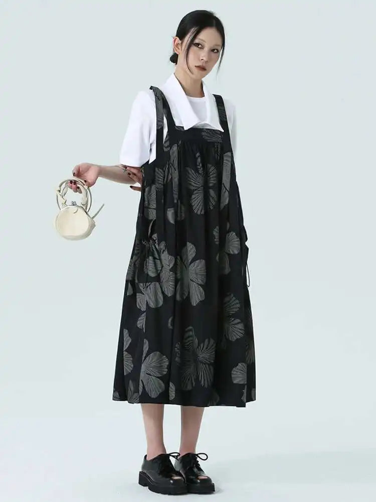 Women Black Pattern Printed Big Size Strap Dress New Square Collar Sleeveless Fashion Tide Spring Autumn 2025 1DH4956