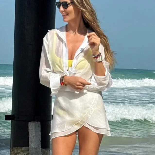 Summer Beach Two Piece Sets Women Long Sleeve Shirt And Mini Skirt Female See Through Loose 2 Piece Set Beachwear
