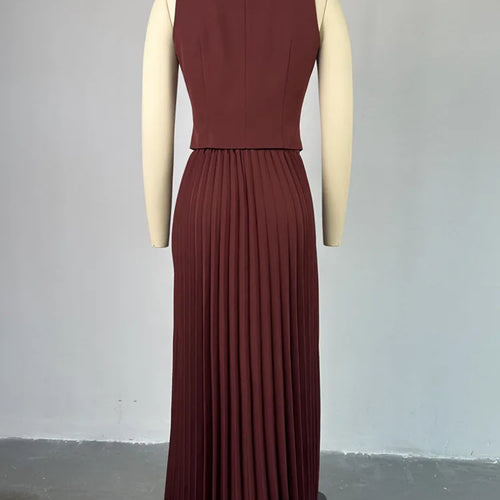 Load image into Gallery viewer, Fashion Skirt Two Piece Sets Women Notched Collar Sleeveless Crop Tops And Midi Skirt Femme Elegant Pleated Skirt Sets
