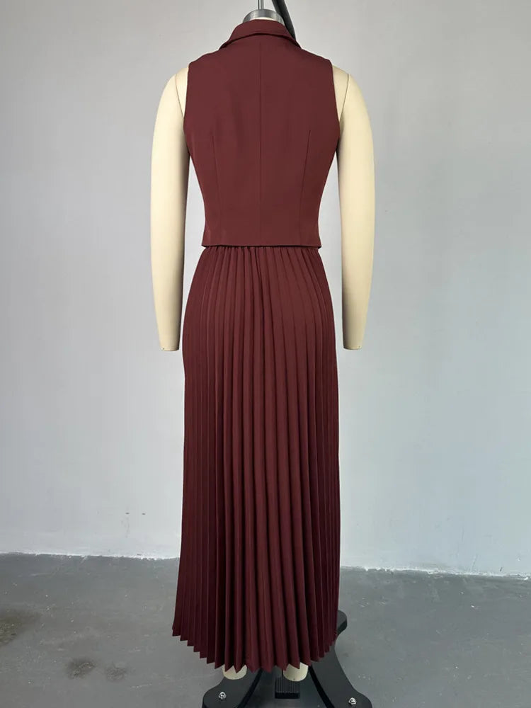 Fashion Skirt Two Piece Sets Women Notched Collar Sleeveless Crop Tops And Midi Skirt Femme Elegant Pleated Skirt Sets