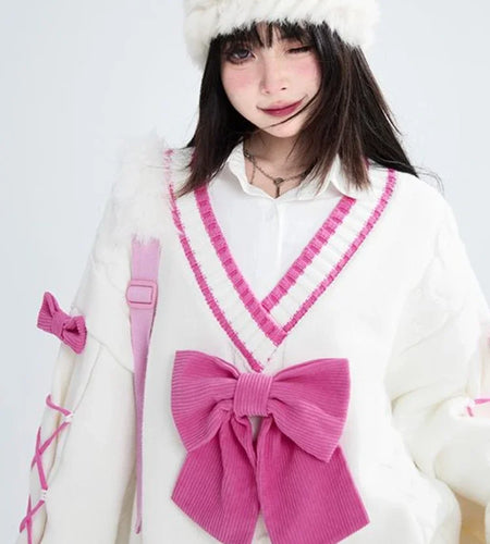 2025 Sweet Contrast Color Grunge Sweaters Fashion All Match Streetwear Bandage Pullover Y2k Aesthetic Loose Bow Jumpers Women