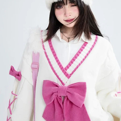 Load image into Gallery viewer, 2025 Sweet Contrast Color Grunge Sweaters Fashion All Match Streetwear Bandage Pullover Y2k Aesthetic Loose Bow Jumpers Women
