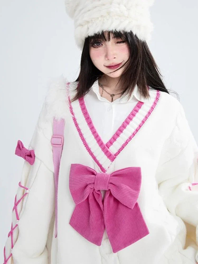 2025 Sweet Contrast Color Grunge Sweaters Fashion All Match Streetwear Bandage Pullover Y2k Aesthetic Loose Bow Jumpers Women