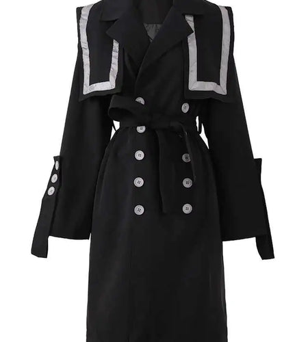 Women Black Color-block ButtonTrench New Lapel Long Sleeve Loose Fit Windbreaker Fashion Tide Spring Autumn 2025 1DH3209