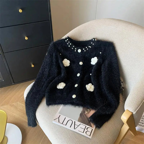Load image into Gallery viewer, Autumn Winter Sweet Vintage Black White Pearl Knitted Cardigan Top French Fashion Women Single Breasted Long Sleeve Mink Sweater
