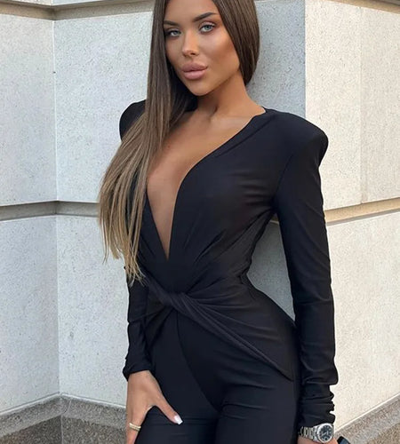Sexy Deep V Elastic Tight Long Sleeved Women Jumpsuit 2025 Autumn Winter New Female Jumpsuit Temperament Street Clothing