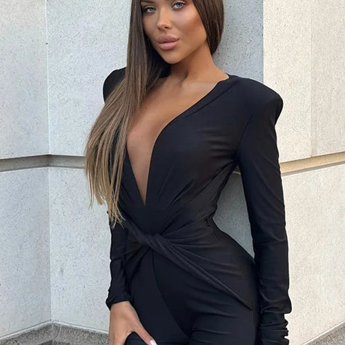Load image into Gallery viewer, Sexy Deep V Elastic Tight Long Sleeved Women Jumpsuit 2025 Autumn Winter New Female Jumpsuit Temperament Street Clothing
