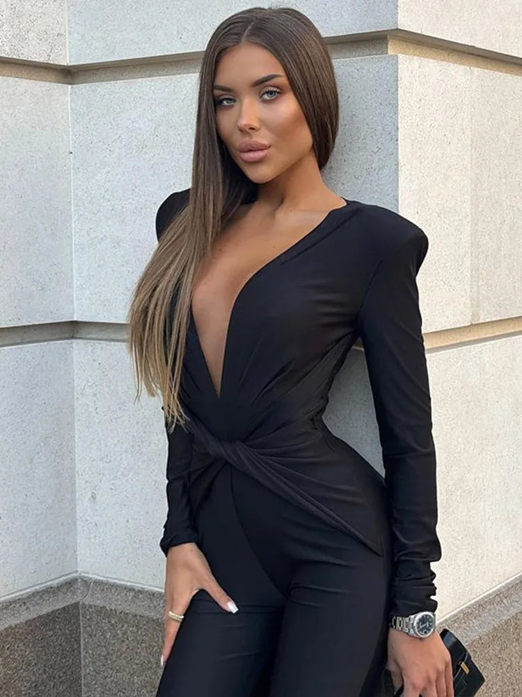 Sexy Deep V Elastic Tight Long Sleeved Women Jumpsuit 2025 Autumn Winter New Female Jumpsuit Temperament Street Clothing