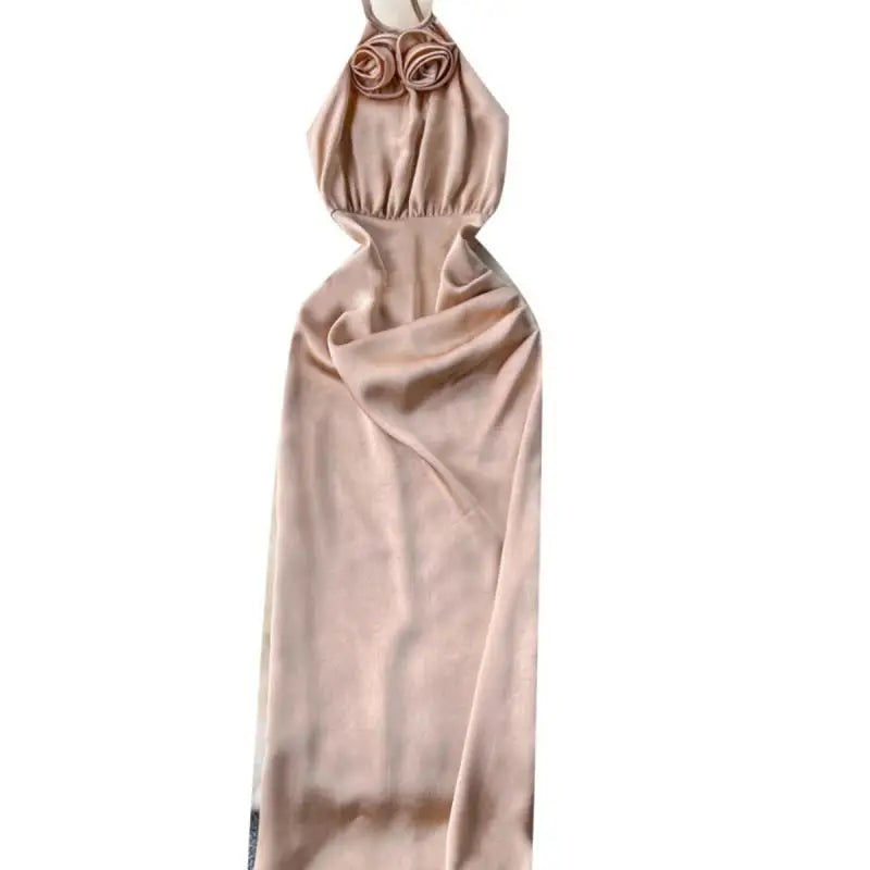 New Summer Women Khaki Sexy Backless Evening Party Halter Lace-up Dress Retro Elegant Sleeveless Slim Prom Pleated Dress Fashion